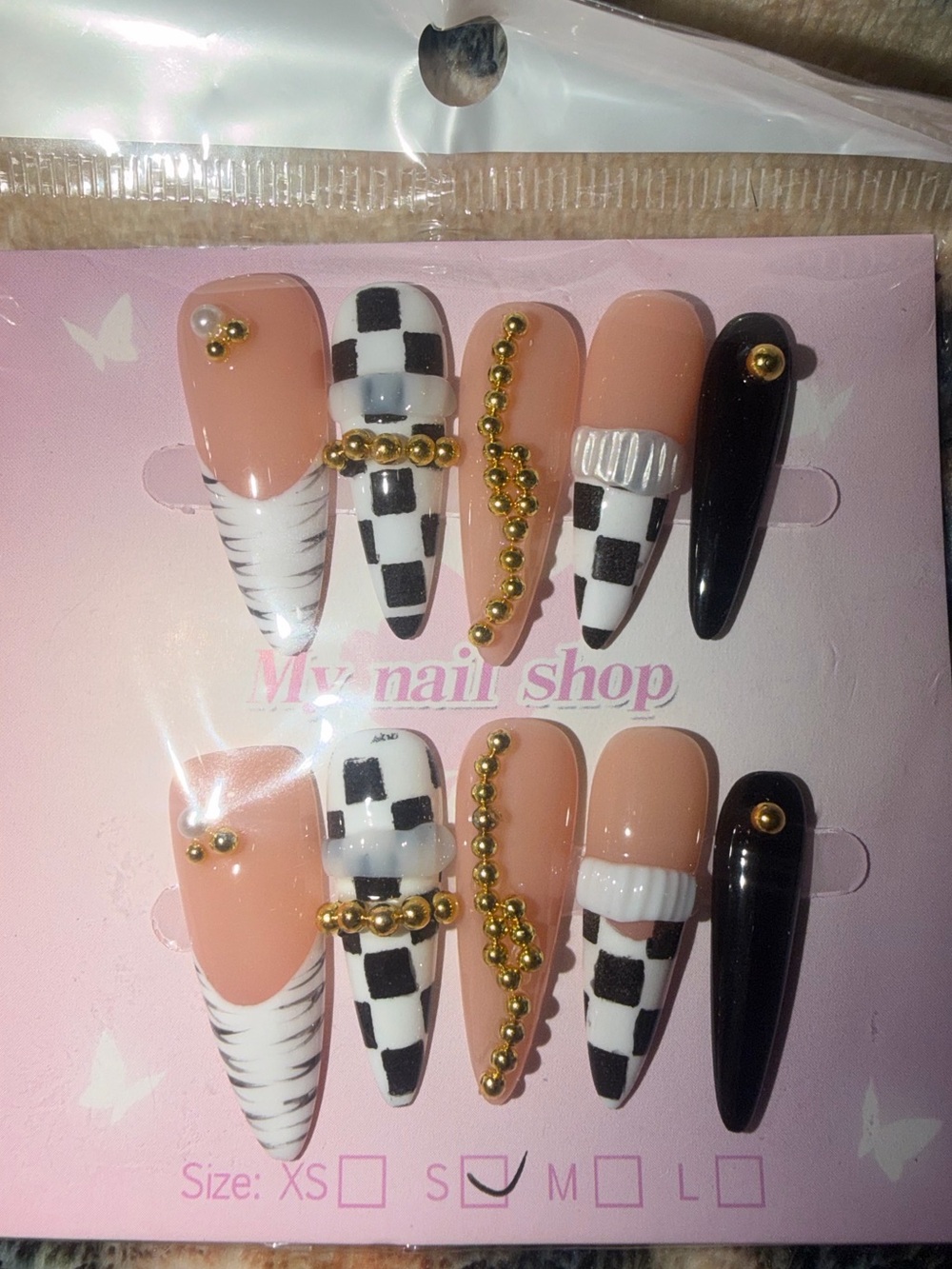 Peach & Black Checkerboard Press-On Nail Set